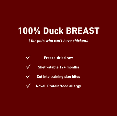 Dog Dish Max & Bella freeze-dried duck breast dog treat features list on a dark red background.