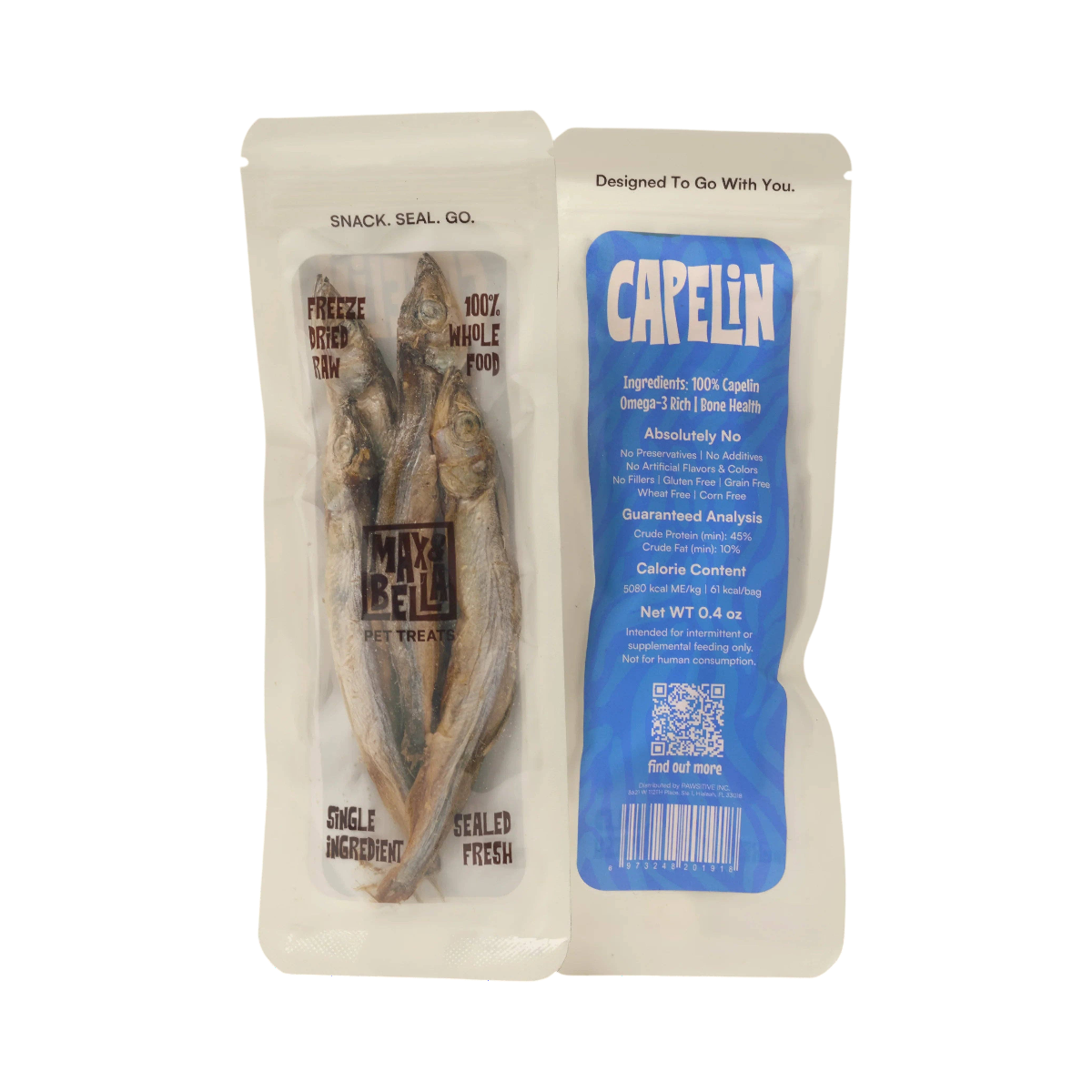 Dog Dish Max & Bella freeze-dried whole capelin fish treats in a clear, resealable, odor-proof pouch for dogs and cats.