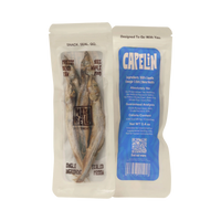 Dog Dish Max & Bella freeze-dried whole capelin fish treats in a clear, resealable, odor-proof pouch for dogs and cats.