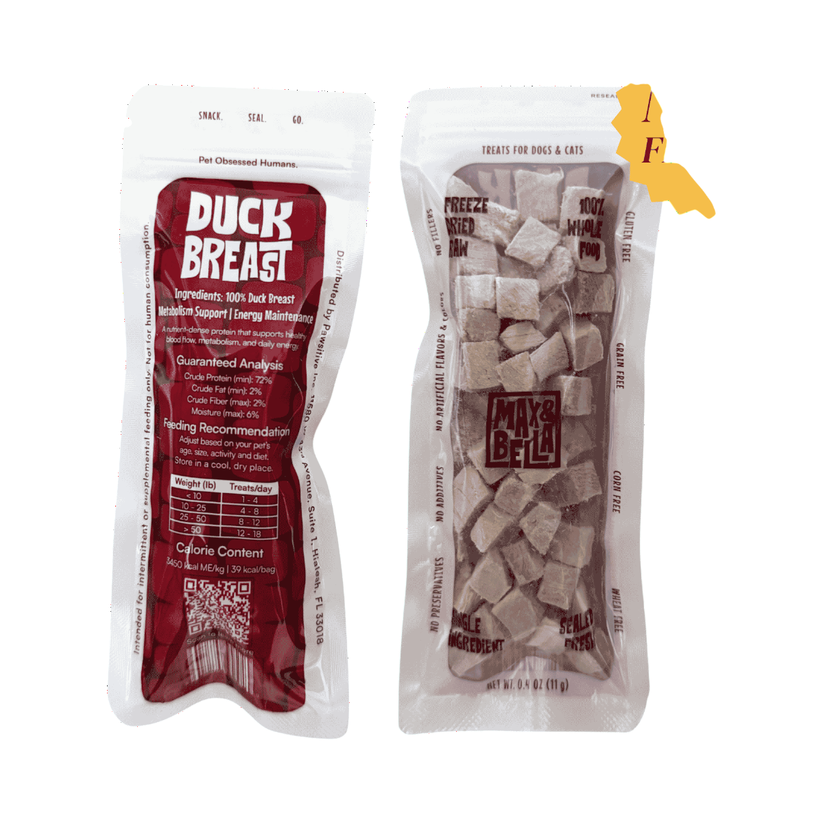 Dog Dish Max & Bella freeze-dried duck breast dog treat pouches with clear window showing cubed meat snacks.