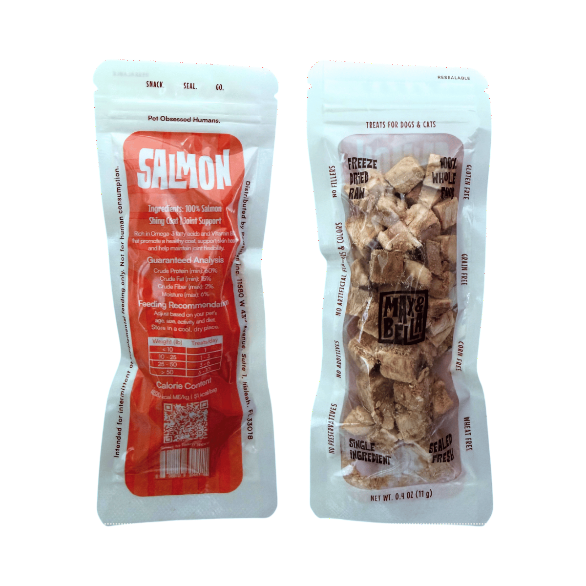 Dog Dish Max & Bella freeze-dried salmon pet treats in resealable, odor-proof pouches for dogs and cats.