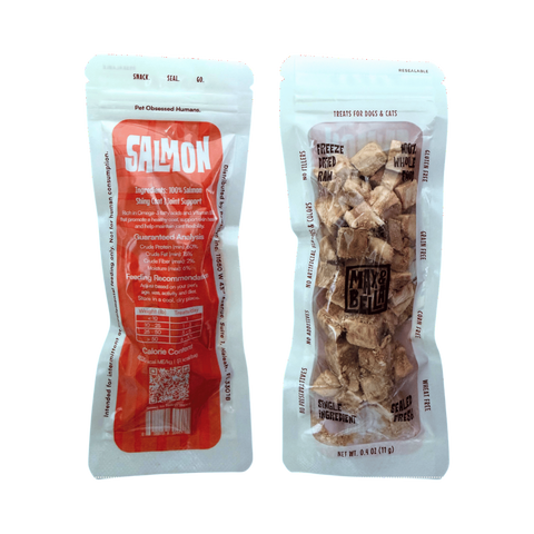 Dog Dish Max & Bella freeze-dried salmon pet treats in resealable, odor-proof pouches for dogs and cats.