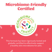 Dog Dish Skout's Honor pet deodorizer microbiome-friendly certification badge on a pink background