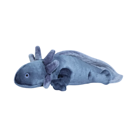 Dog Dish Fluff & Tuff Millie Axolotl plush dog toy in grey with feathery gill details and durable soft fabric.