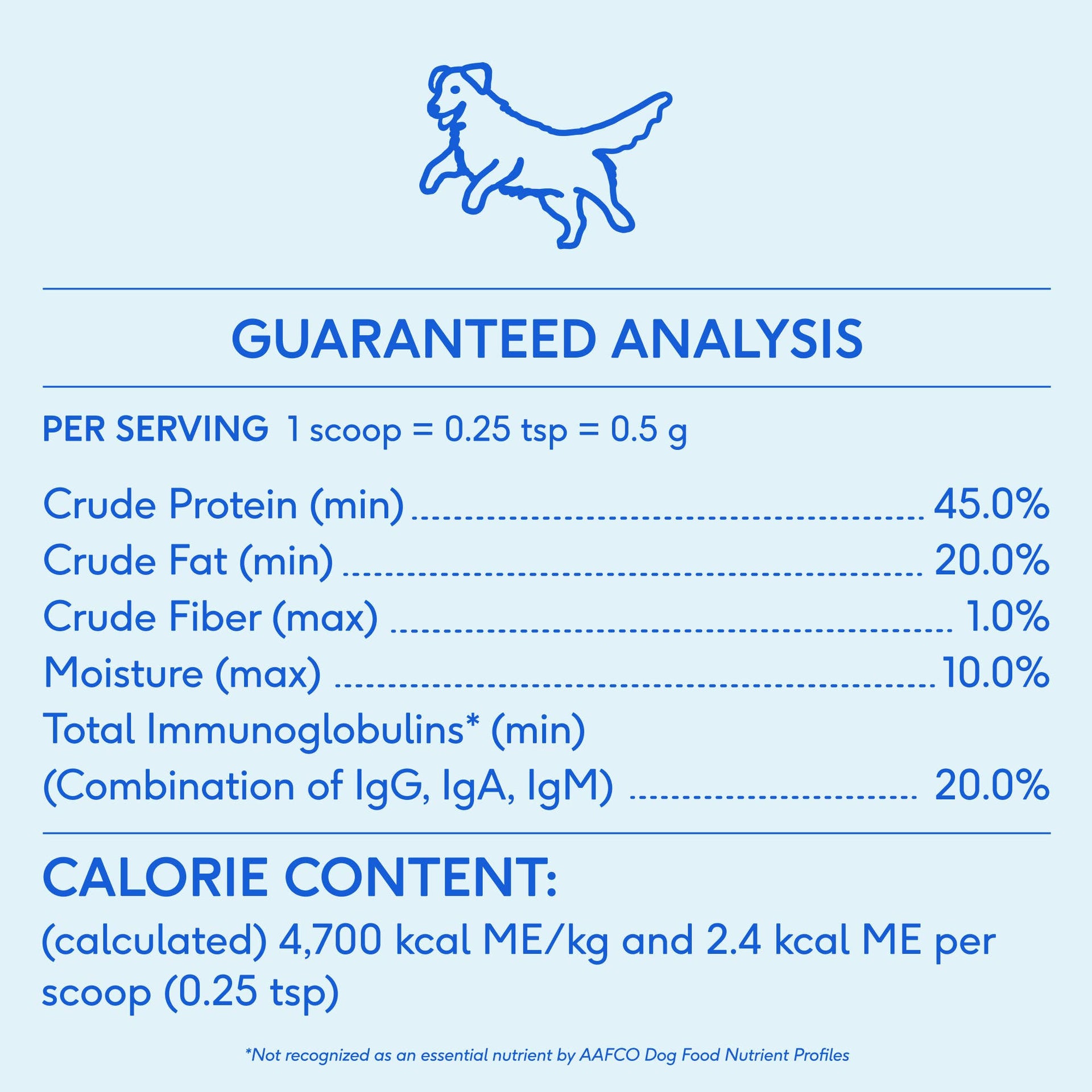 Dog Dish Native Pet Colostrum immune system powder guaranteed analysis label with nutritional information for dogs