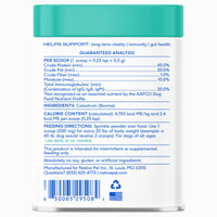 Dog Dish Native Pet Colostrum Immune System Powder label showing guaranteed analysis and feeding instructions for dogs