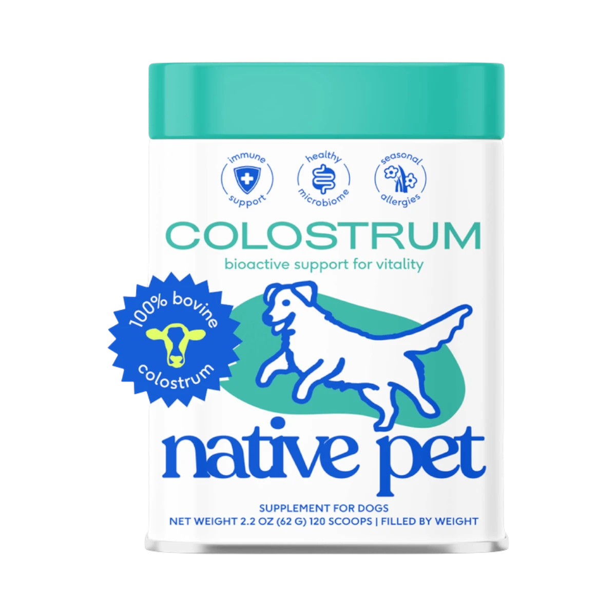 Dog Dish Native Pet Colostrum immune system powder supplement container for dogs with blue and white branding.