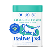 Dog Dish Native Pet Colostrum immune system powder supplement container for dogs with blue and white branding.