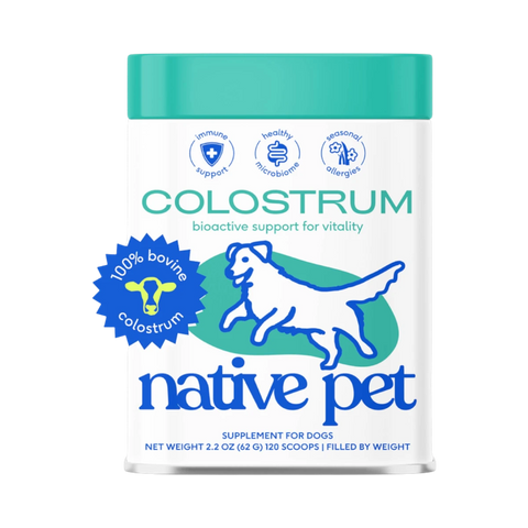 Dog Dish Native Pet Colostrum immune system powder supplement container for dogs with blue and white branding.