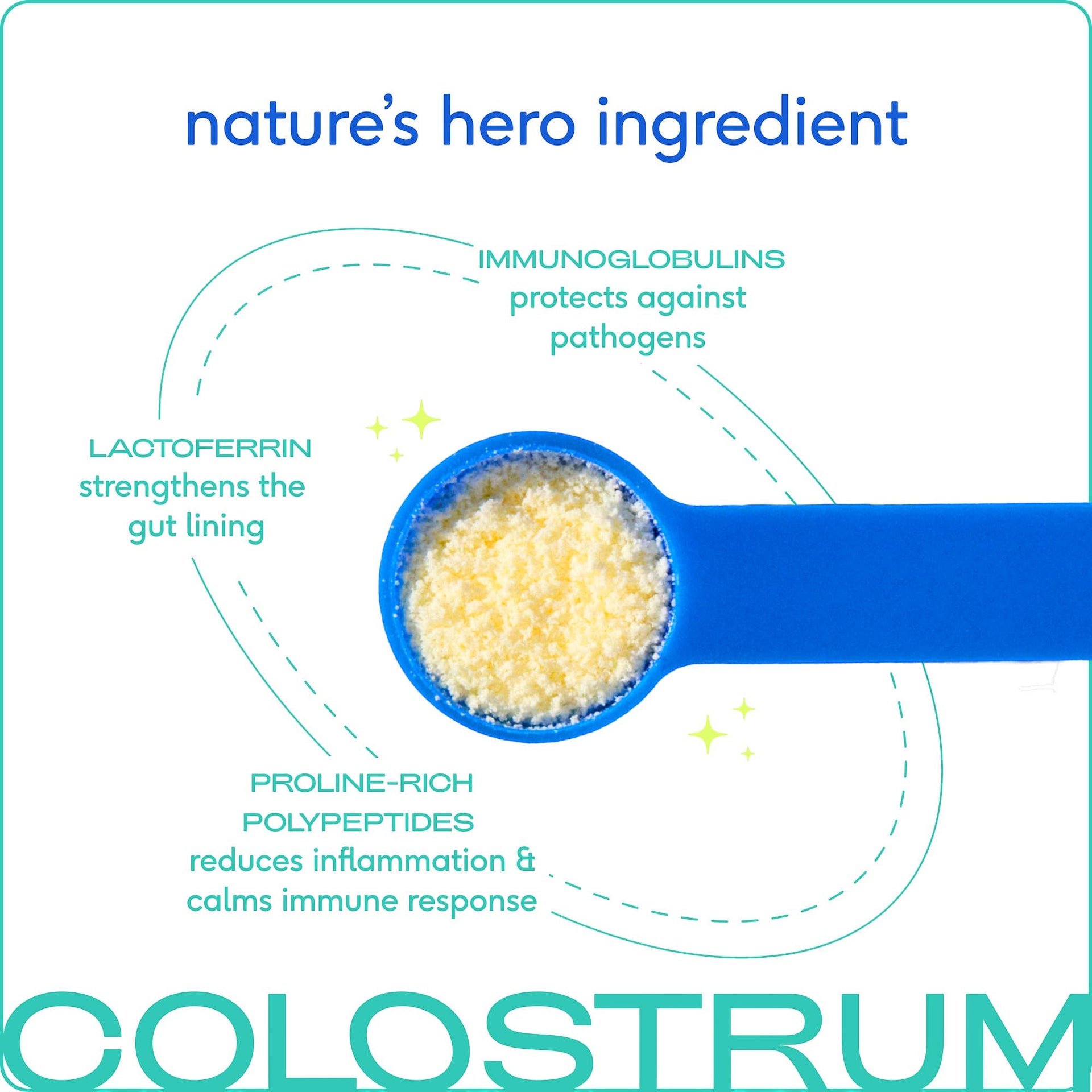 Dog Dish Native Pet colostrum immune system powder in a blue scoop with infographic text about health benefits.