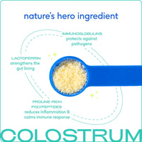 Dog Dish Native Pet colostrum immune system powder in a blue scoop with infographic text about health benefits.