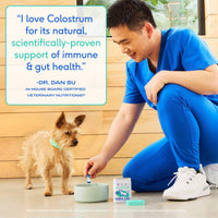 Dog Dish Native Pet Colostrum powder being added to a dog bowl by a veterinarian for a small dog