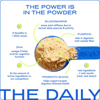 Dog Dish Native Pet The Daily powder supplement in a blue scoop showing ingredients like glucosamine and probiotics.