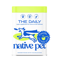 Dog Dish Native Pet The Daily powder supplement container for canine wellness with a bright lime green lid.