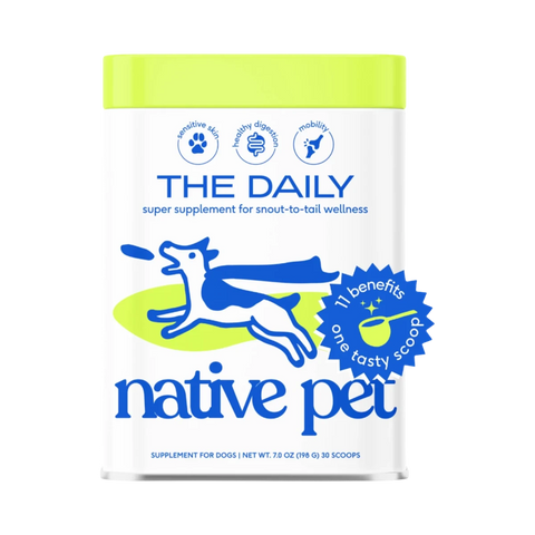 Dog Dish Native Pet The Daily powder supplement container for canine wellness with a bright lime green lid.