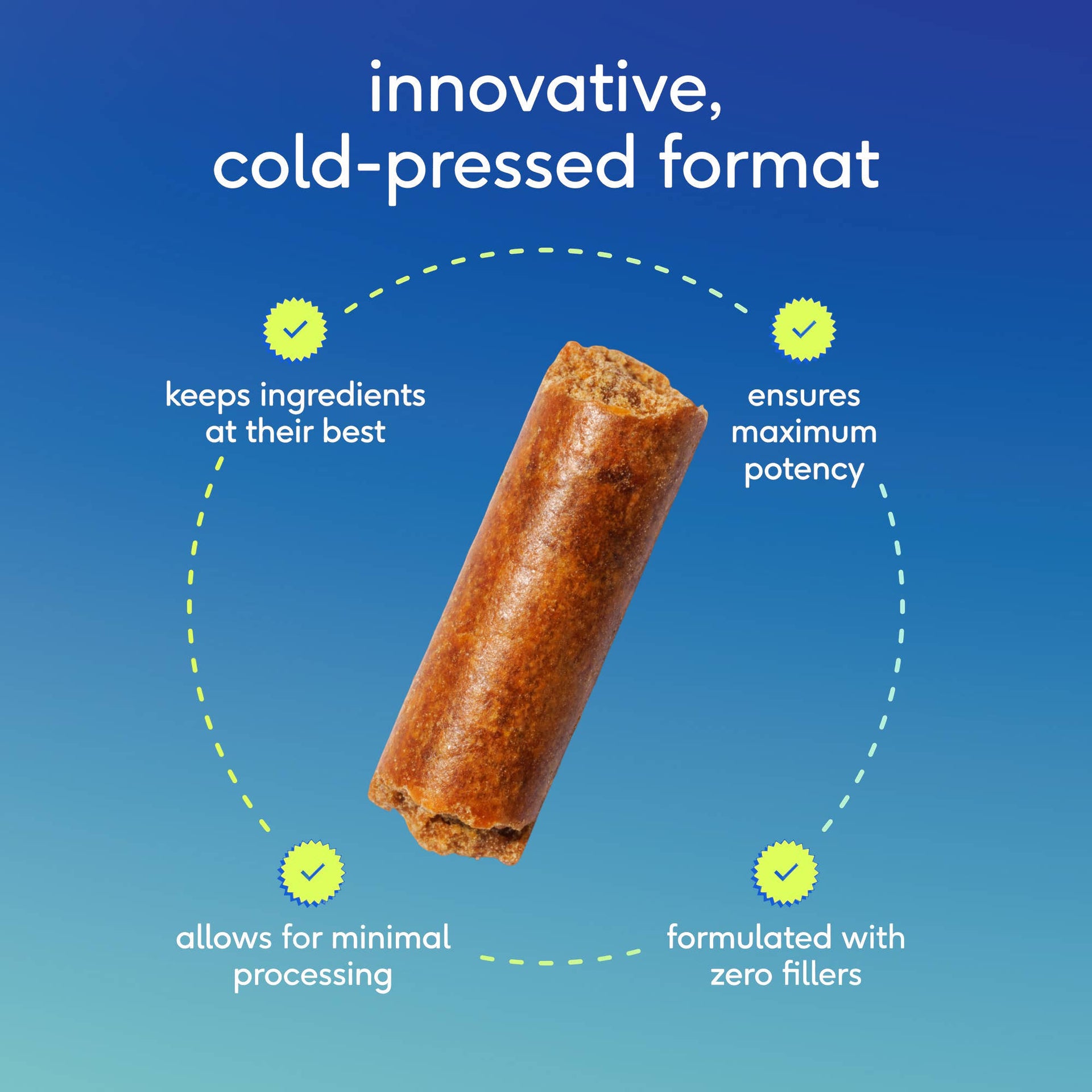 Dog Dish Native Pet GutWell cold-pressed dental supplement stick for dogs on a blue background with feature labels