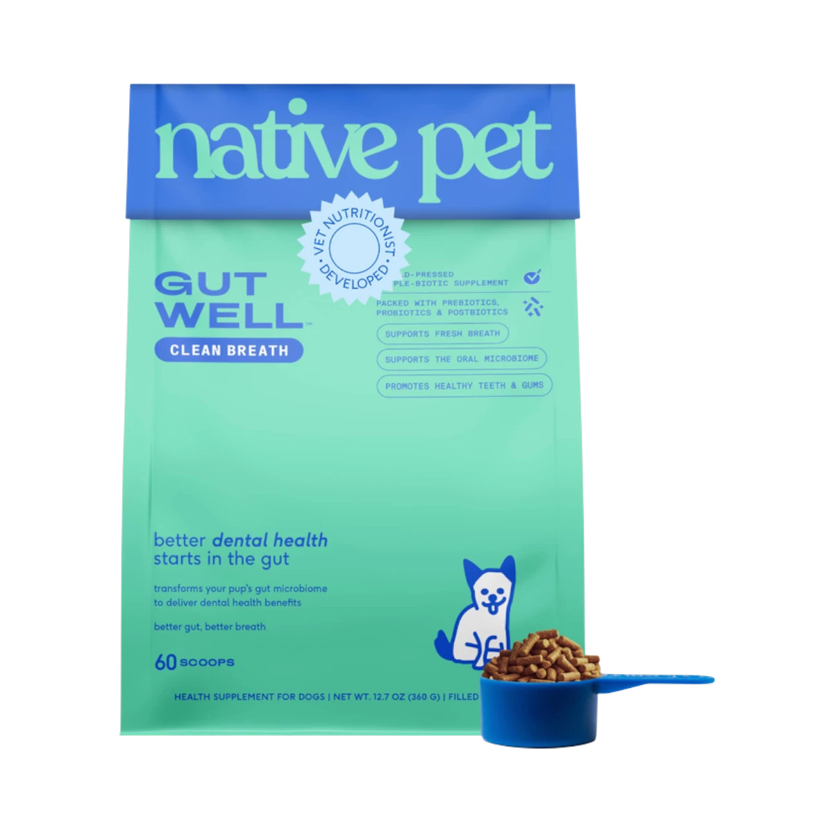 Dog Dish Native Pet GutWell dental care powder supplement pouch with blue scoop and kibble for dogs