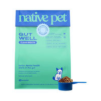 Dog Dish Native Pet GutWell dental care powder supplement pouch with blue scoop and kibble for dogs