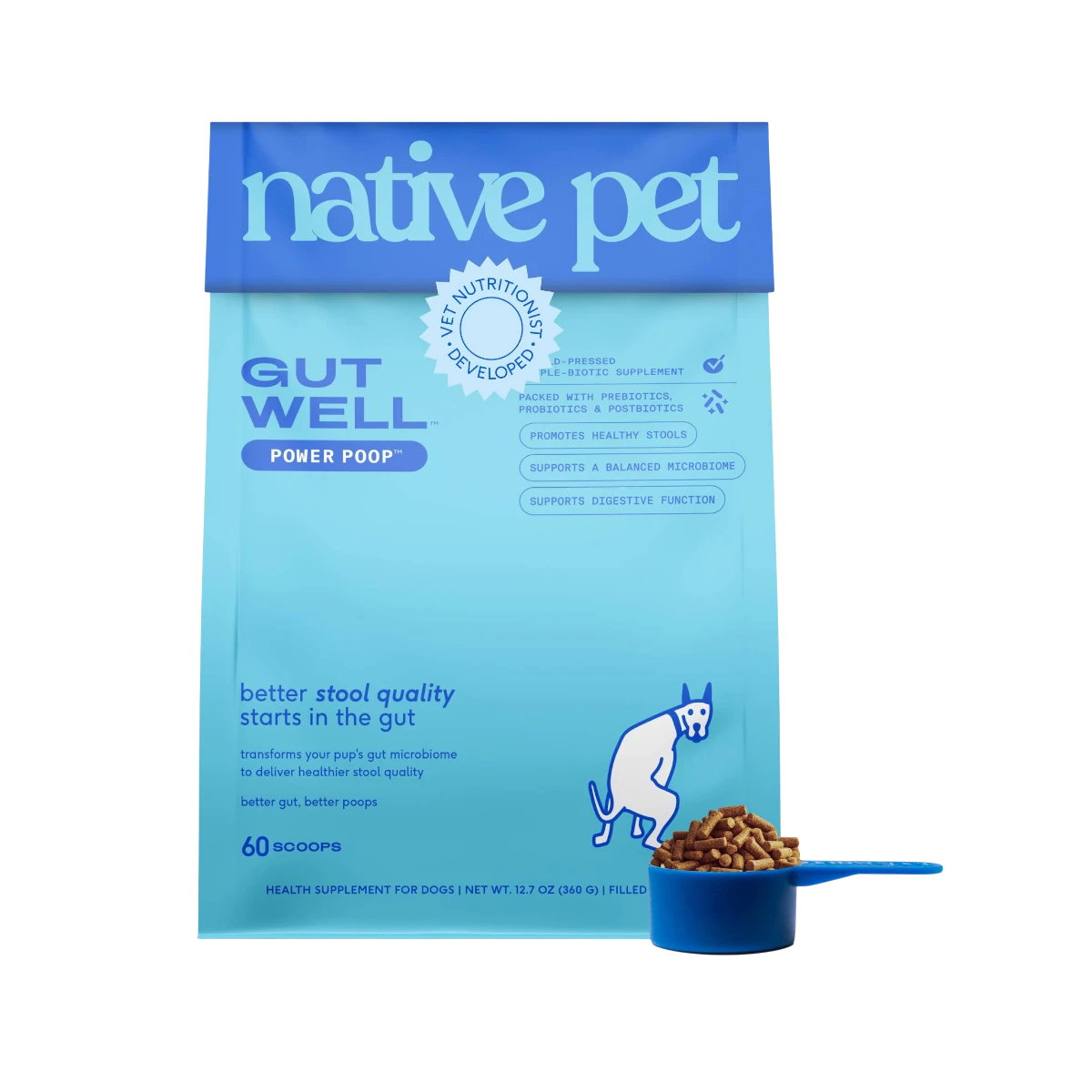 Dog Dish Native Pet GutWell digestive supplement pouch with a blue measuring scoop of kibble-like powder