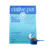 Dog Dish Native Pet GutWell digestive supplement pouch with a blue measuring scoop of kibble-like powder