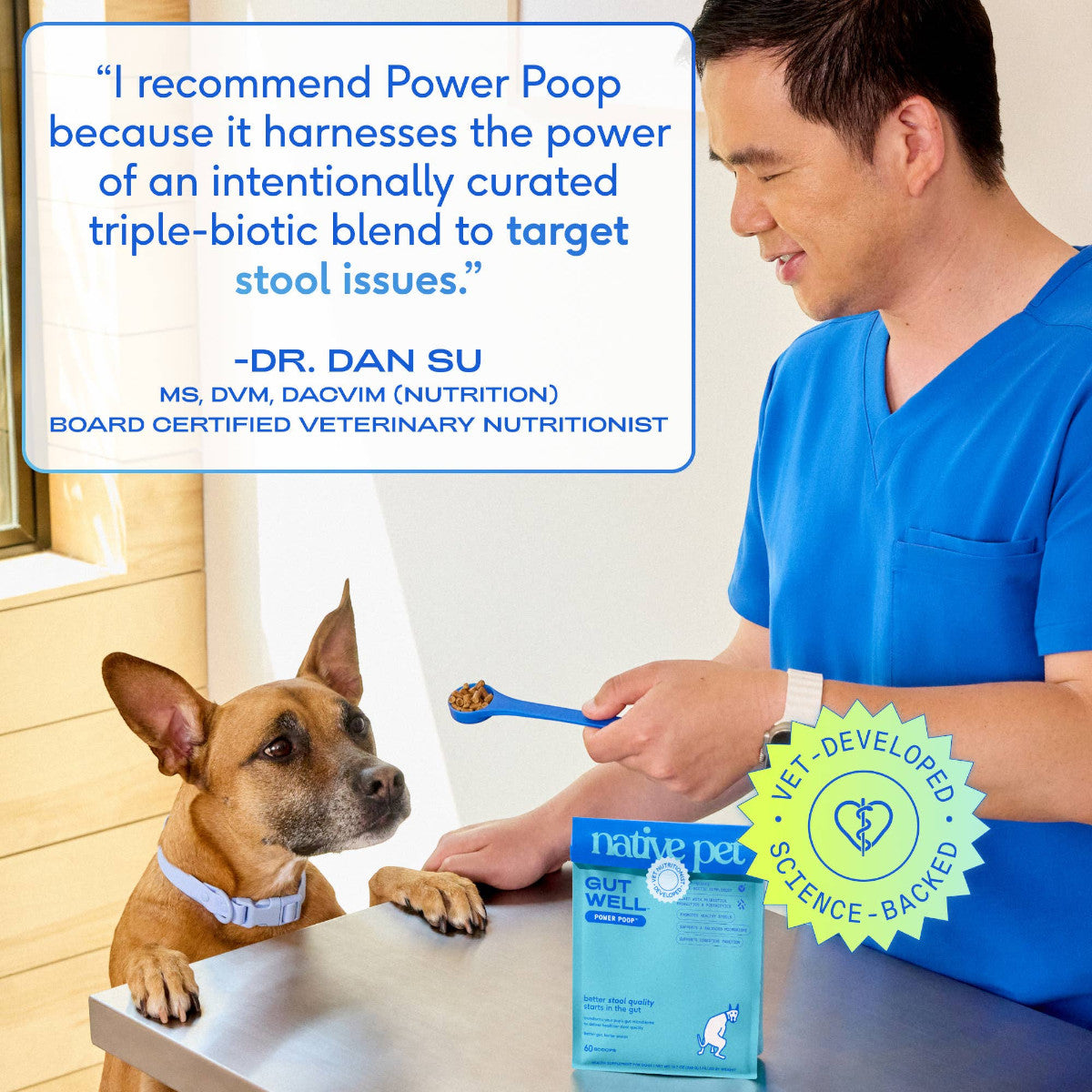 Dog Dish veterinarian feeding Native Pet GutWell supplement to a dog for digestive health and stool quality support.