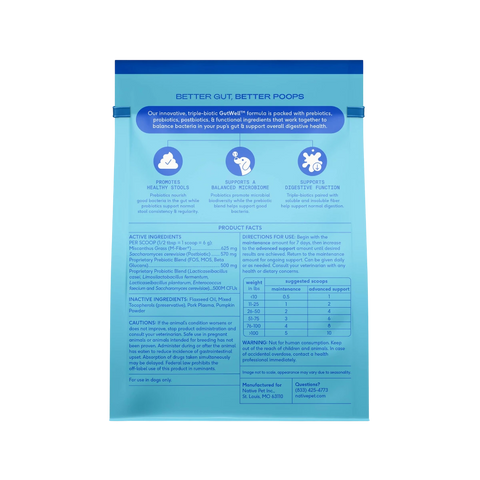 Dog Dish Native Pet GutWell digestive support supplement packaging back label with ingredient and dosage information