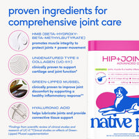 Dog Dish Native Pet Hip+Joint Advanced Care powder container with infographic showing active ingredients for dog health