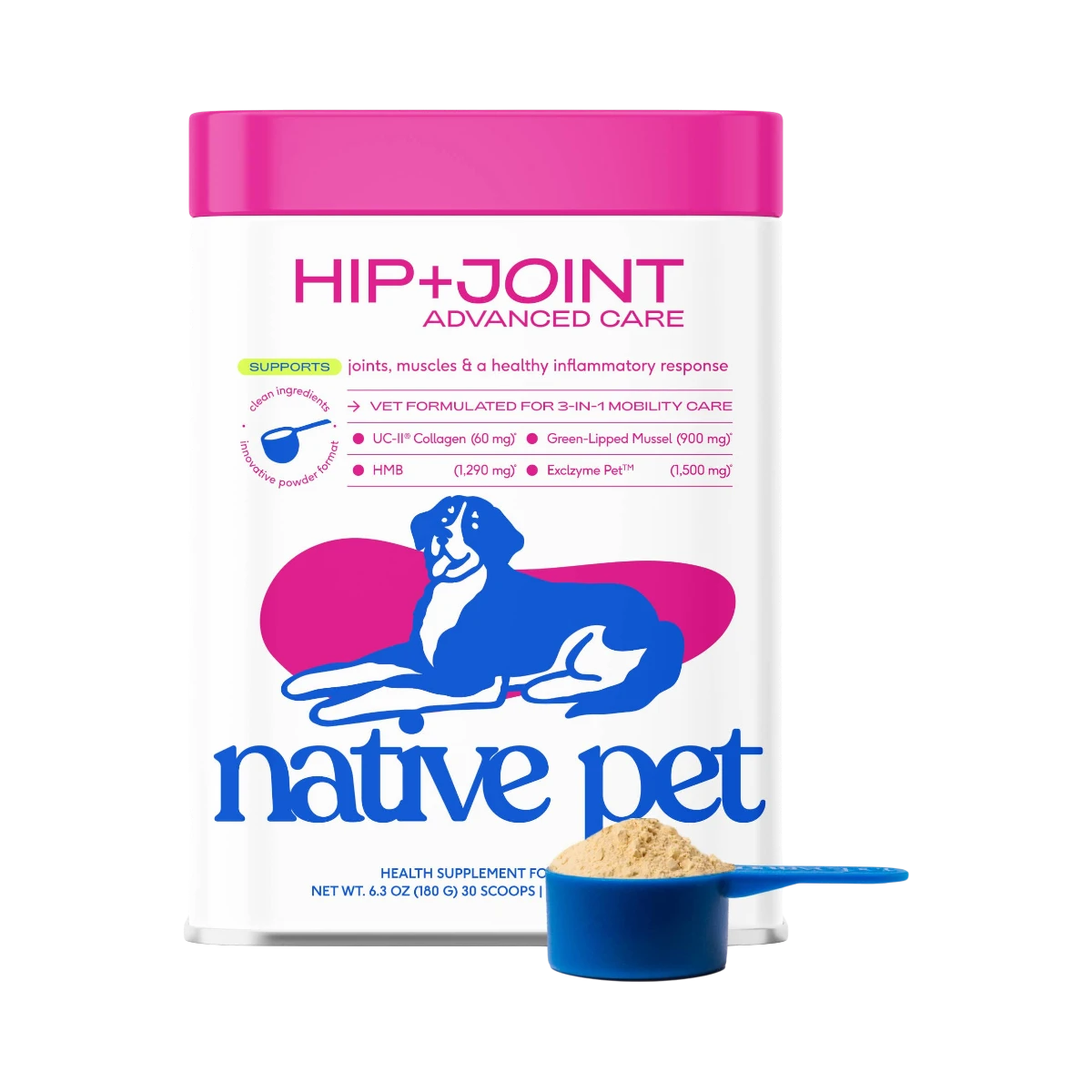 Dog Dish Native Pet Hip+Joint Advanced Care beef flavored mobility supplement powder in a white tub with pink lid.