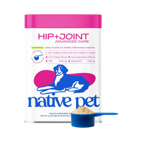 Dog Dish Native Pet Hip+Joint Advanced Care beef flavored mobility supplement powder in a white tub with pink lid.