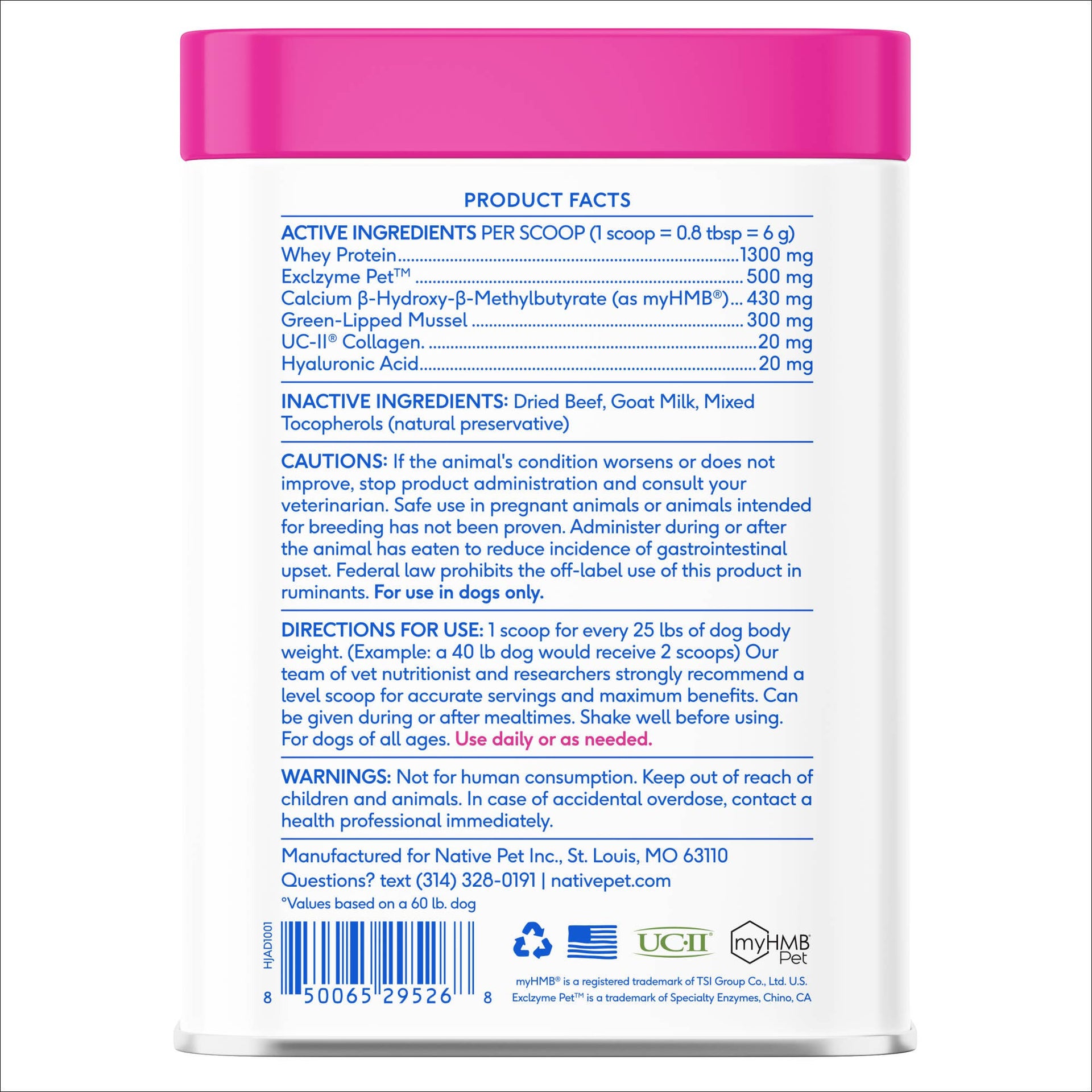 Dog Dish Native Pet Hip+Joint Advanced Care supplement powder label showing active ingredients and usage instructions