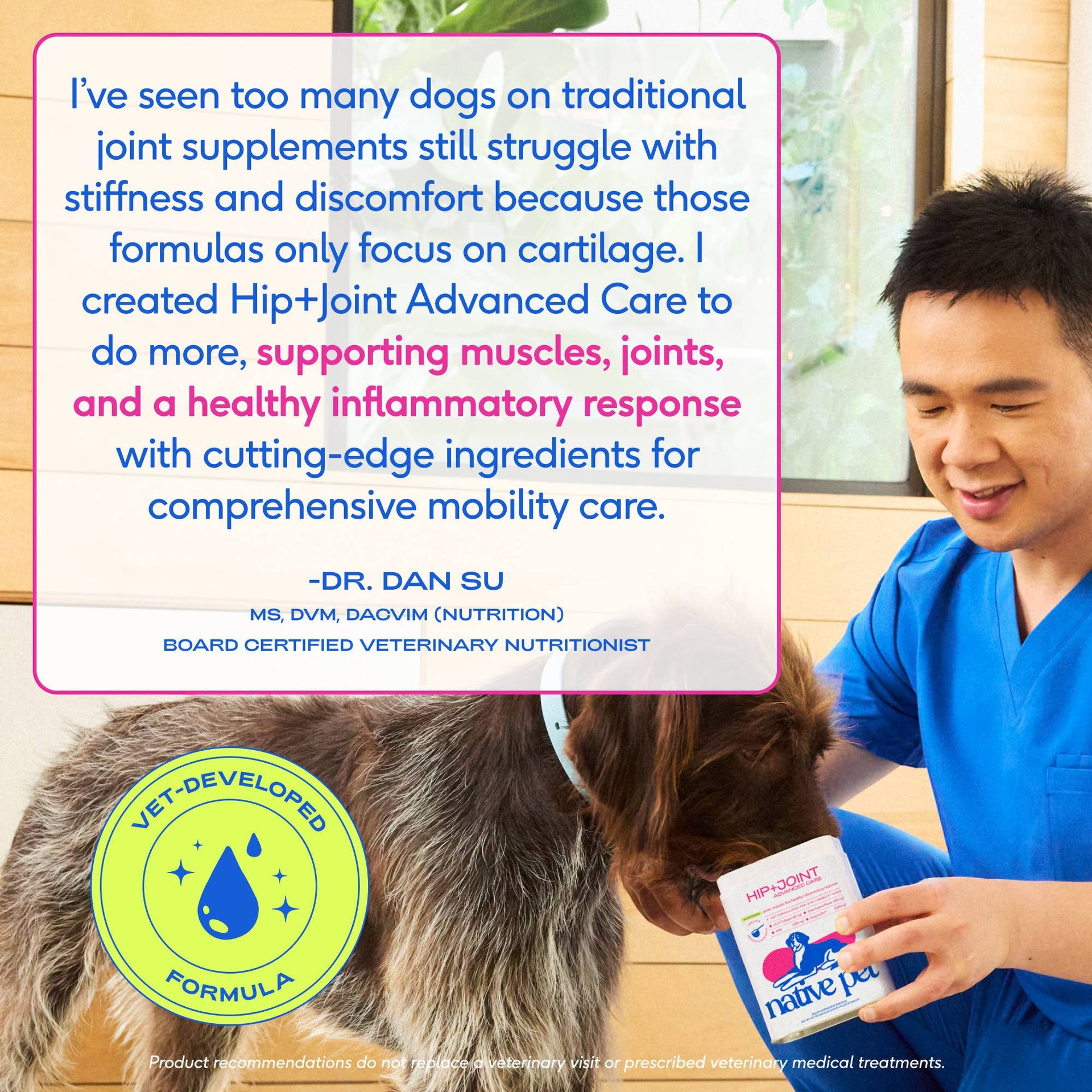 Dog Dish Native Pet Hip+Joint Advanced Care powder being fed to a dog by a veterinarian in a clinic setting