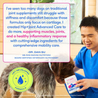 Dog Dish Native Pet Hip+Joint Advanced Care powder being fed to a dog by a veterinarian in a clinic setting