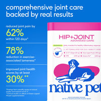 Dog Dish Native Pet Hip+Joint Advanced Care powder container showing clinical results and active ingredients list.