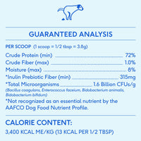 Dog Dish Native Pet probiotic powder guaranteed analysis label showing nutritional content and calorie information