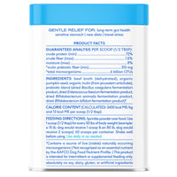 Dog Dish Native Pet probiotic and prebiotic powder supplement container back label with ingredients and feeding facts