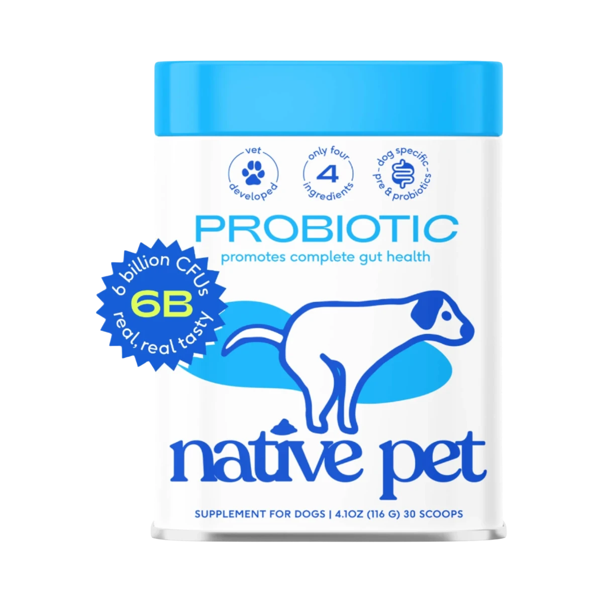Dog Dish Native Pet probiotic and prebiotic powder supplement for dogs in a white container with blue lid