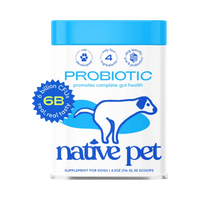 Dog Dish Native Pet probiotic and prebiotic powder supplement for dogs in a white container with blue lid