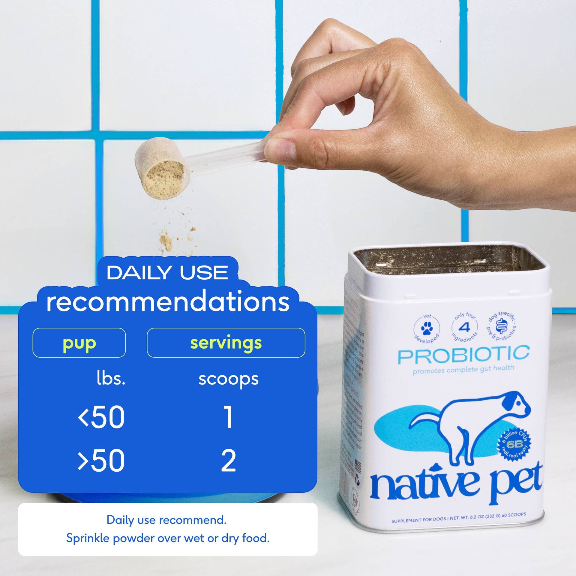 Dog Dish Native Pet probiotic and prebiotic powder container with a hand scooping supplement for daily dog feeding