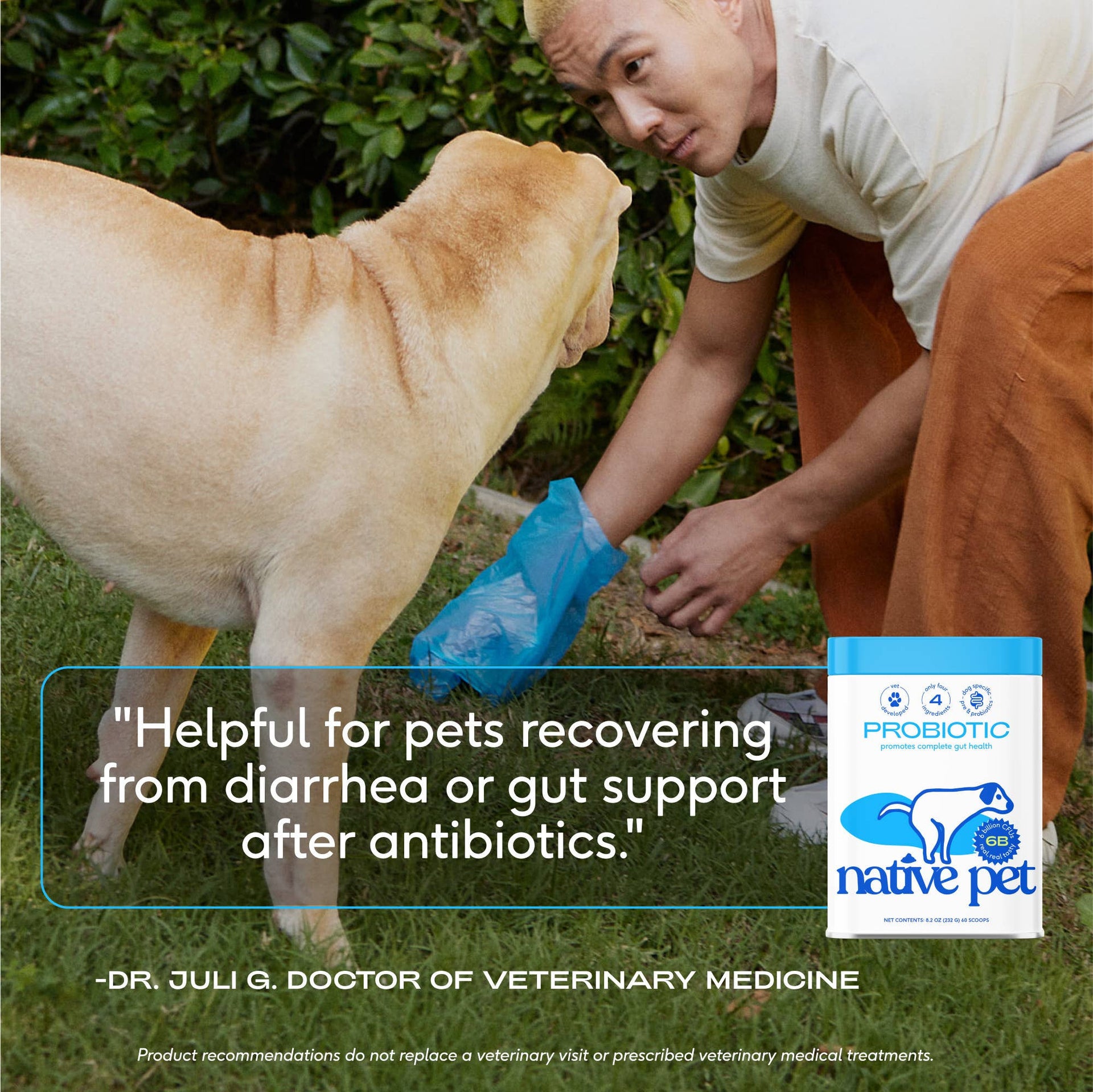 Dog Dish Native Pet probiotic powder container next to a man cleaning up after his dog in a park.