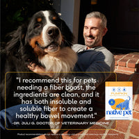Dog Dish Native Pet organic pumpkin fiber powder supplement for dogs with a happy Bernese Mountain Dog and owner