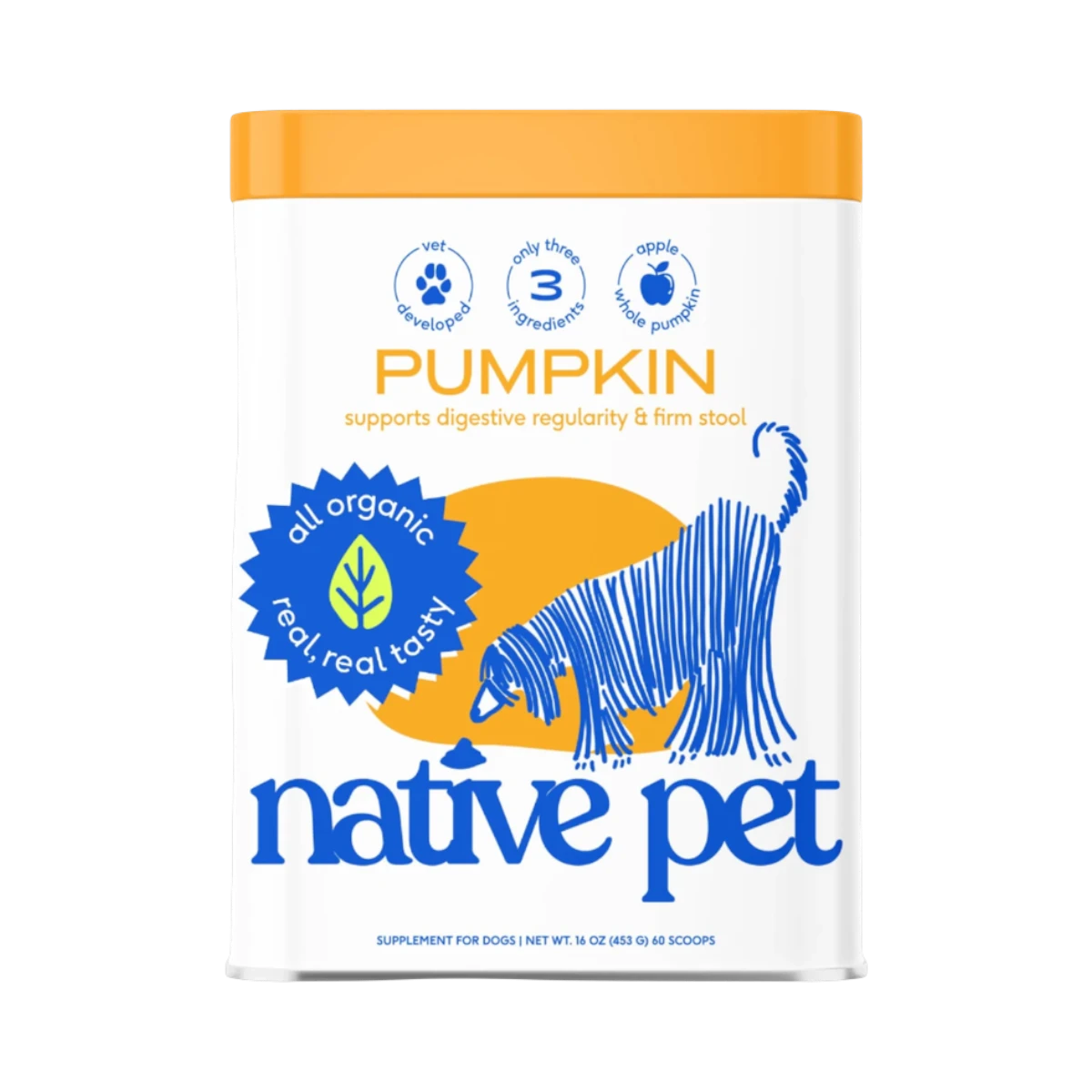 Dog Dish Native Pet organic pumpkin fiber powder supplement for dogs in a 16-ounce container with a white label.