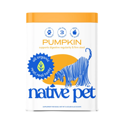 Dog Dish Native Pet organic pumpkin fiber powder supplement for dogs in a 16-ounce container with a white label.