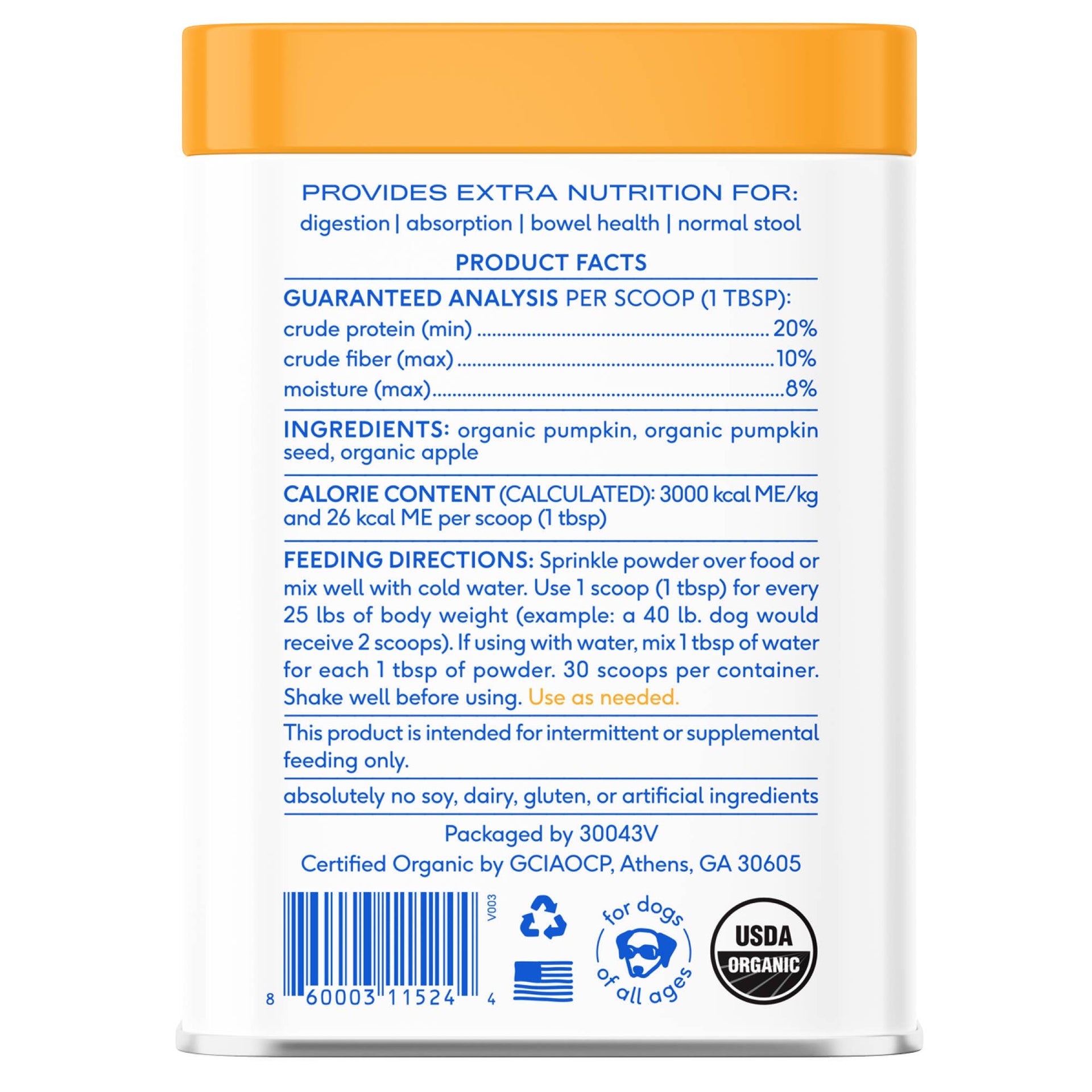 Dog Dish Native Pet organic pumpkin fiber powder supplement label with ingredients and feeding instructions for dogs