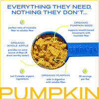 Dog Dish Native Pet organic pumpkin fiber powder in a blue measuring scoop with ingredient benefits highlighted.