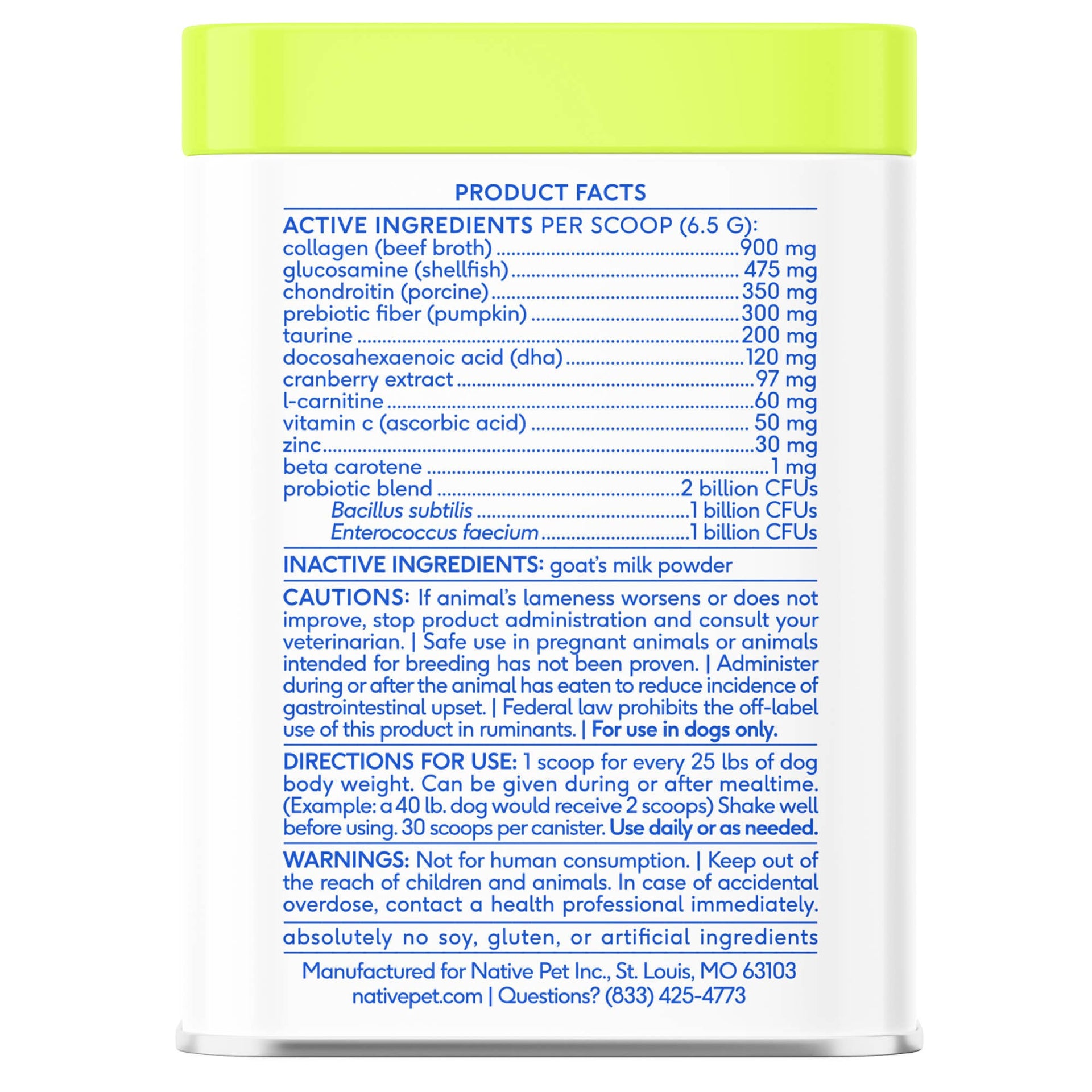 Dog Dish Native Pet The Daily powder supplement label showing active ingredients and usage instructions for dogs.