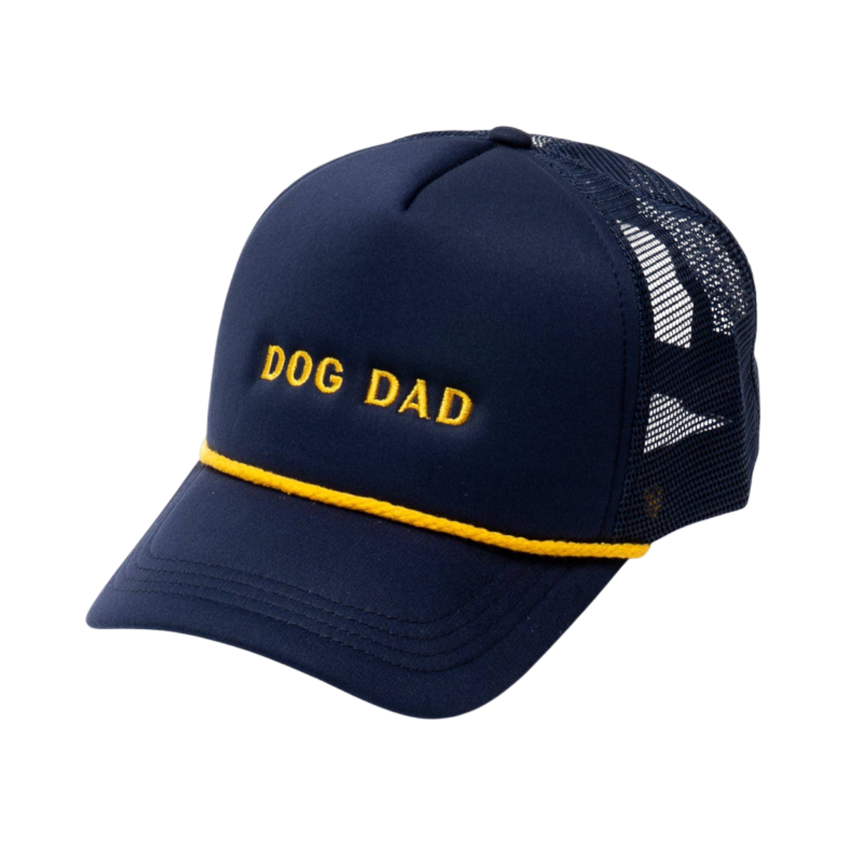 Dog Dish navy trucker hat with Dog Dad embroidered in yellow and a matching yellow rope detail on the brim