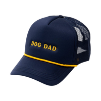 Dog Dish navy trucker hat with Dog Dad embroidered in yellow and a matching yellow rope detail on the brim