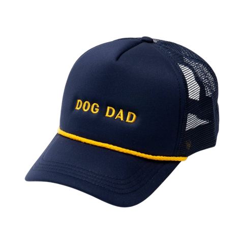 Dog Dish navy trucker hat with Dog Dad embroidered in yellow and a matching yellow rope detail on the brim