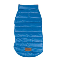 Dog Dish Pendleton Pagosa Springs reversible blue quilted puffer dog coat with suede logo patch