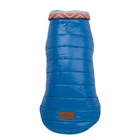 Dog Dish Pendleton Pagosa Springs reversible blue quilted puffer dog coat with suede logo patch